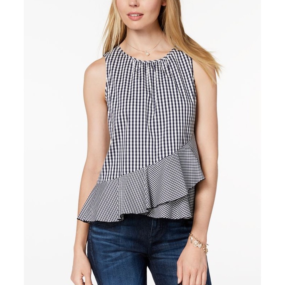 Maison Jules XS‎ Gingham Ruffle Sleeveless Top Tie Back Casual Blouse